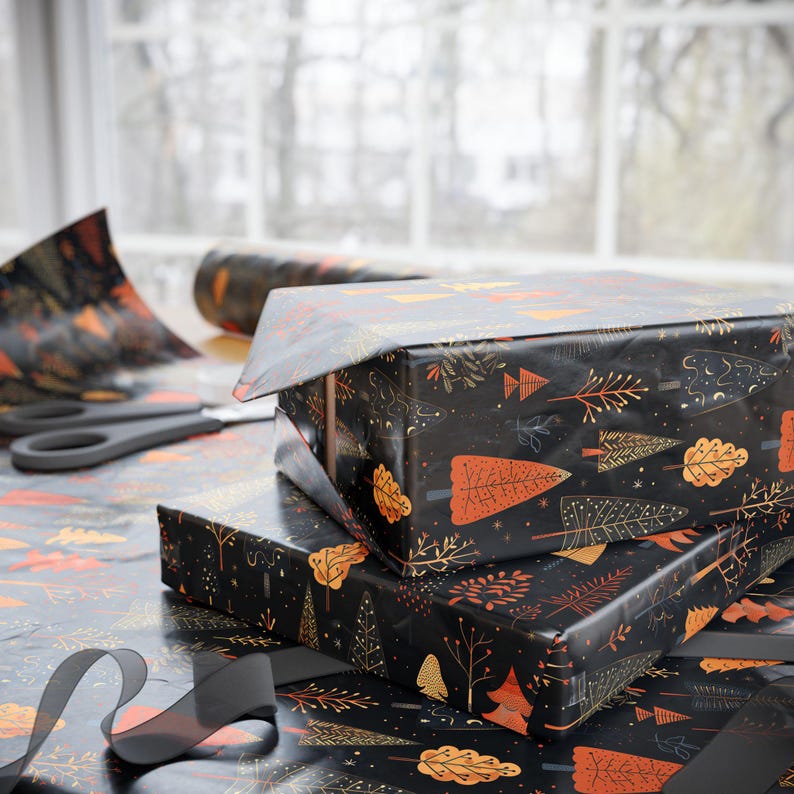 Papel de regalo de bosque otoñal, papel de regalo negro de otoño, papel con estampado de árboles, papel de regalo de temporada, hojas de otoño, árbol de Navidad, rollo de papel decorativo otoñal imagen 5