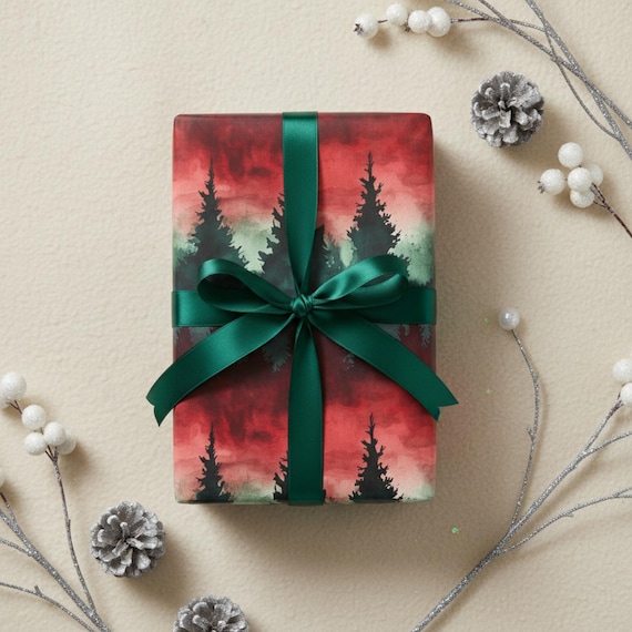 Forest Watercolor Gift Wrap: Red & Green Rustic Christmas Wrapping Paper Roll
