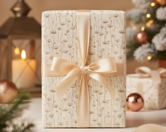 Papier cadeau botanique fleurs sauvages : emballage cadeau floral crème et doré