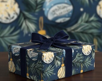 May include: A wrapped gift box with a navy blue velvet ribbon and bow. The wrapping paper features a pattern of Christmas ornaments and pine branches in shades of blue, gold, and white. The gift box is on a dark brown surface.