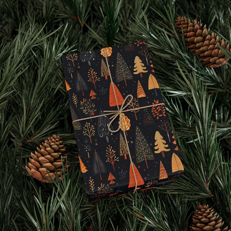 Papel de regalo de bosque otoñal, papel de regalo negro de otoño, papel con estampado de árboles, papel de regalo de temporada, hojas de otoño, árbol de Navidad, rollo de papel decorativo otoñal imagen 3