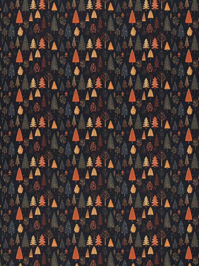 Papel de regalo de bosque otoñal, papel de regalo negro de otoño, papel con estampado de árboles, papel de regalo de temporada, hojas de otoño, árbol de Navidad, rollo de papel decorativo otoñal imagen 8