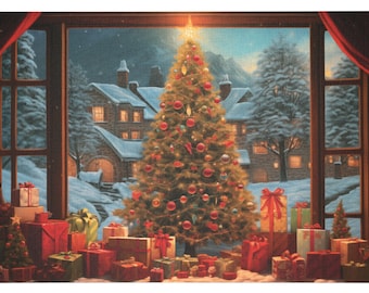 Puzzle con albero di Natale, scena festiva di villaggio invernale, 1000 pezzi