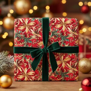 Red Gold Floral Christmas Wrapping Paper: Satin or Matte Finish image 2