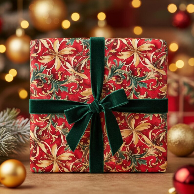 Red Gold Floral Christmas Wrapping Paper: Satin or Matte Finish image 2