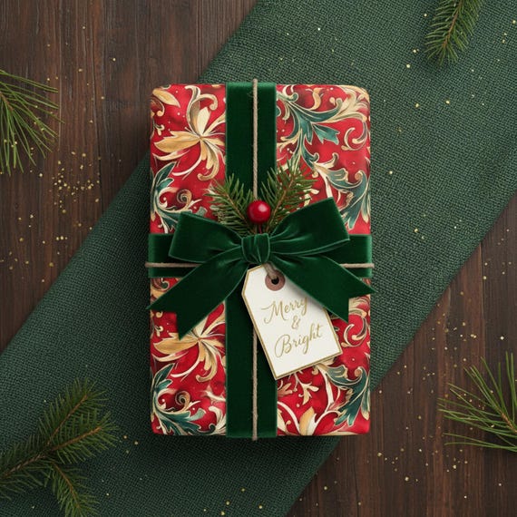 Red Gold Floral Christmas Wrapping Paper: Satin or Matte Finish