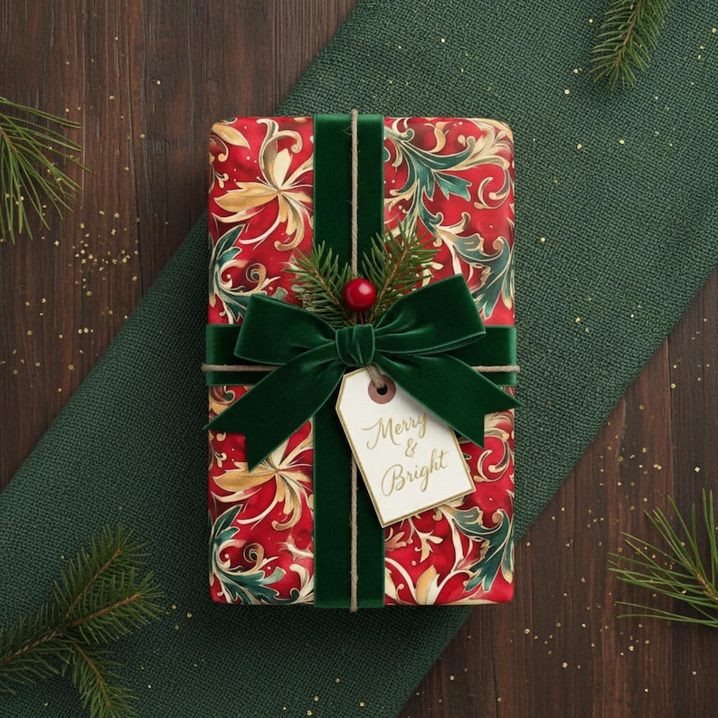 Red Gold Floral Christmas Wrapping Paper: Satin or Matte Finish image 1