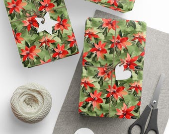 Papel de embrulho festivo de poinsétia, presente de Natal, floral, vermelho, verde, botânico, elegante, sazonal, apresentação especial