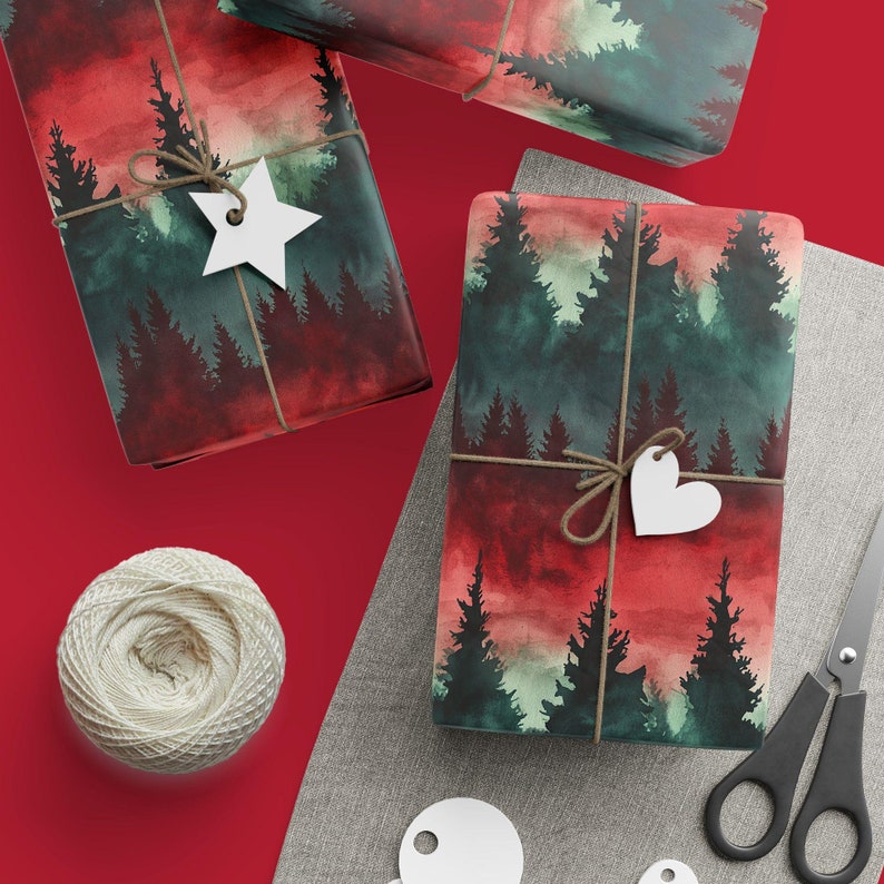 Forest Watercolor Gift Wrap: Red & Green Rustic Christmas Wrapping Paper Roll image 2