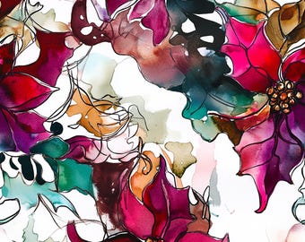 May include: Watercolor floral pattern featuring poinsettias in shades of red, pink, and purple with green leaves and brown accents. The flowers have detailed centers and are set against a white background, creating a vibrant and artistic design.