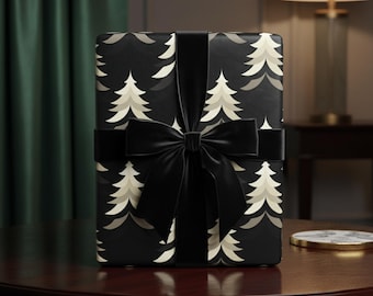 Papel de embrulho natalino escuro: Árvores de inverno modernas em preto e bege