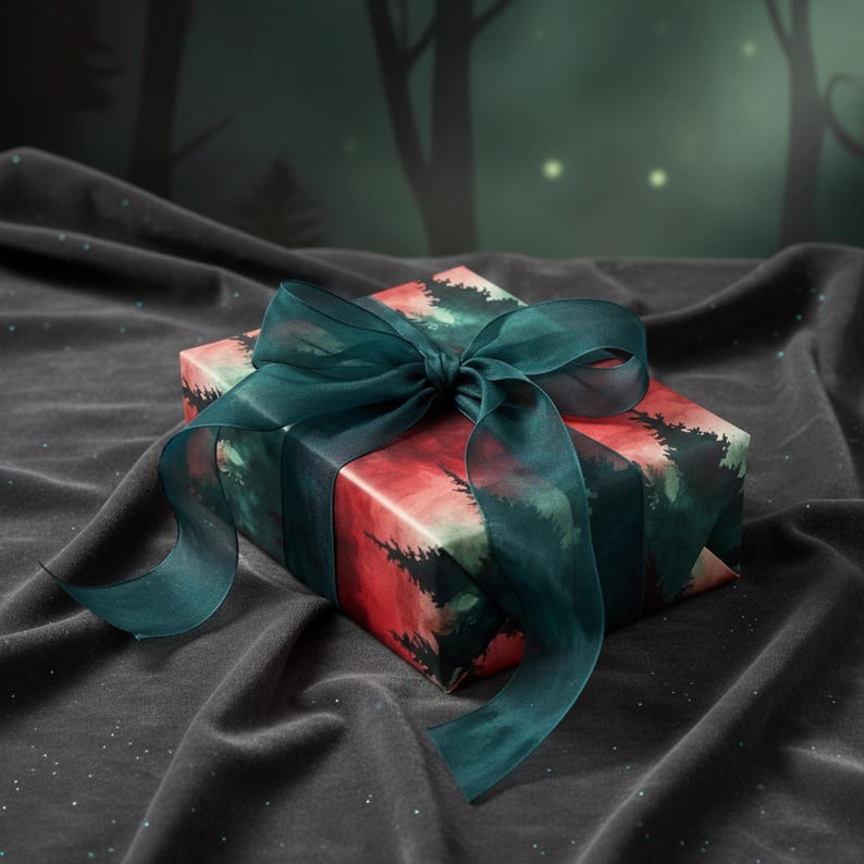 Forest Watercolor Gift Wrap: Red & Green Rustic Christmas Wrapping Paper Roll image 4