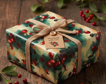 May include: A wrapped gift box with a green and cream floral pattern, tied with a burlap bow and twine. A small tag reads "Handmade with Love" and features a cranberry illustration. The gift is on a wooden surface.