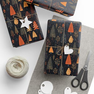 Papel de regalo de bosque otoñal, papel de regalo negro de otoño, papel con estampado de árboles, papel de regalo de temporada, hojas de otoño, árbol de Navidad, rollo de papel decorativo otoñal imagen 4