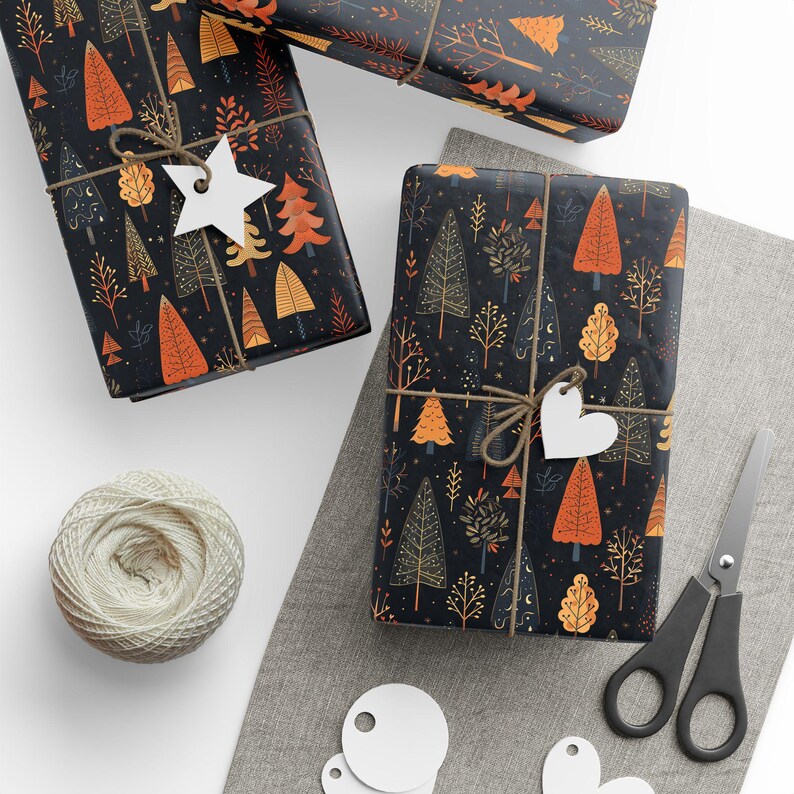 Papel de regalo de bosque otoñal, papel de regalo negro de otoño, papel con estampado de árboles, papel de regalo de temporada, hojas de otoño, árbol de Navidad, rollo de papel decorativo otoñal imagen 4
