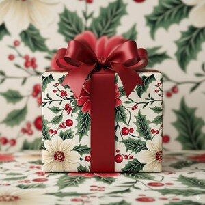 Christmas Floral Wrapping Paper Elegant Gift Wrap Festive Red and Green Holly Berry Design Premium Holiday Paper Luxurious Vintage Style
