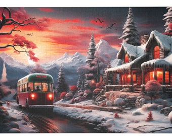 Op de afbeelding: Een rode vintage bus rijdt over een besneeuwde weg richting een knusse hut met een warm gloed in de ramen. De hut is bedekt met sneeuw en omringd door hoge dennenbomen. De lucht is een levendige oranje en roze, wat een magische winterscène creëert.