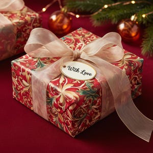 Red Gold Floral Christmas Wrapping Paper: Satin or Matte Finish image 4