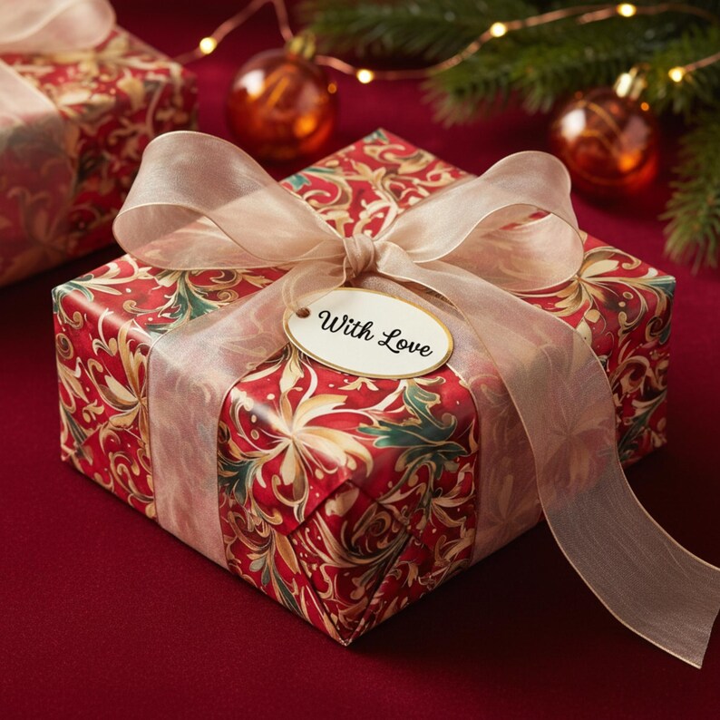 Red Gold Floral Christmas Wrapping Paper: Satin or Matte Finish image 4