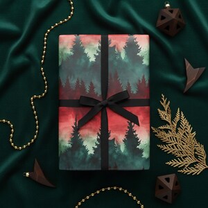 Forest Watercolor Gift Wrap: Red & Green Rustic Christmas Wrapping Paper Roll image 3