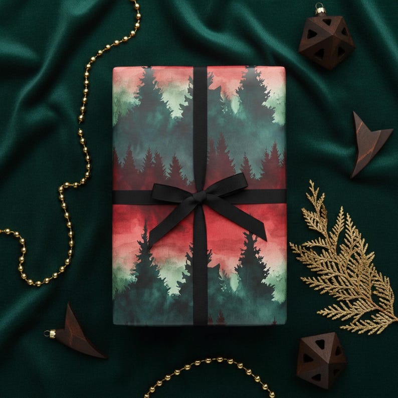 Forest Watercolor Gift Wrap: Red & Green Rustic Christmas Wrapping Paper Roll image 3