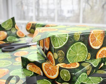 Papel de regalo con diseño de rodajas de cítricos: papel de regalo con estampado de limón y lima