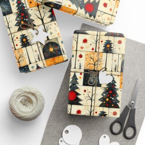 Retro Holiday Trees Wrapping Paper Christmas Gift Wrap Festive Mid Century Modern Pattern Vintage Ornament Design Wrapping Paper Winter