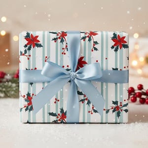 Poinsettia Stripe Christmas Wrapping Paper: Holiday Gift Wrap Paper Roll