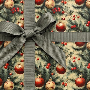 Green Ribbled Paper Vintage Christmas Ornament Wrapping Paper With Evergreen and Berries - Etsy