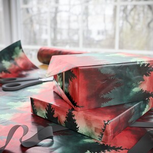 Forest Watercolor Gift Wrap: Red & Green Rustic Christmas Wrapping Paper Roll image 8