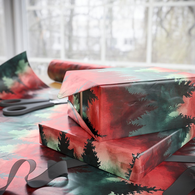 Forest Watercolor Gift Wrap: Red & Green Rustic Christmas Wrapping Paper Roll image 8