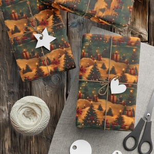 Vintage Christmas Wrapping Paper Festive Gift Wrap Holiday Paper Sepia 1950s Retro Tree Star Winter Wonderland Gift Wrap Christmas Eve Paper