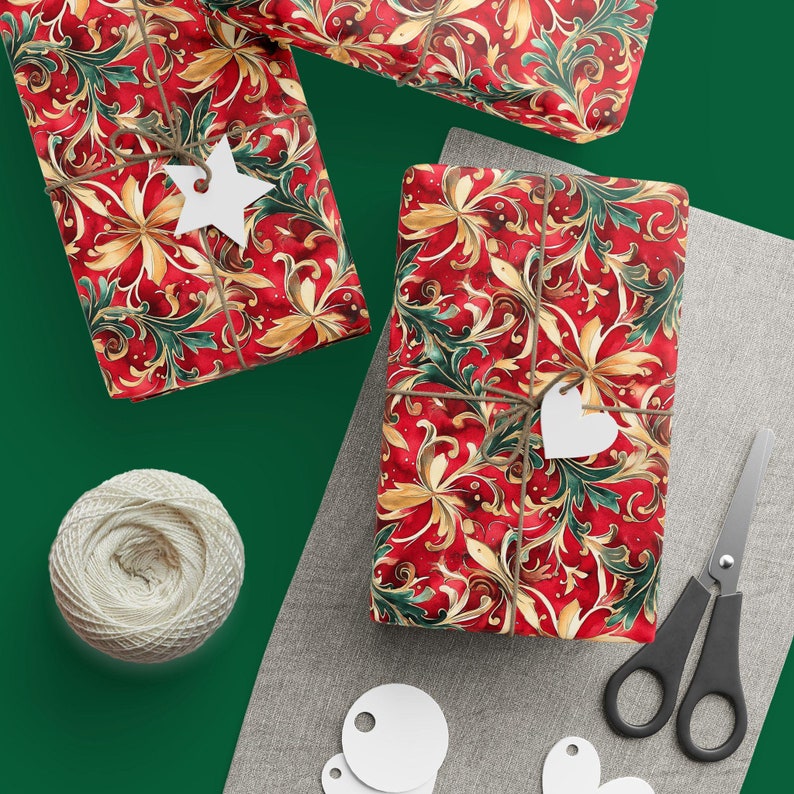 Red Gold Floral Christmas Wrapping Paper: Satin or Matte Finish image 5