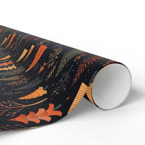 Papel de regalo de bosque otoñal, papel de regalo negro de otoño, papel con estampado de árboles, papel de regalo de temporada, hojas de otoño, árbol de Navidad, rollo de papel decorativo otoñal imagen 7