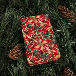 Red Gold Floral Christmas Wrapping Paper: Satin or Matte Finish image 6