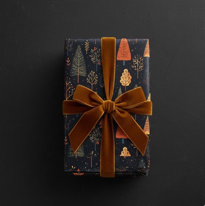 Papel de regalo de bosque otoñal, papel de regalo negro de otoño, papel con estampado de árboles, papel de regalo de temporada, hojas de otoño, árbol de Navidad, rollo de papel decorativo otoñal imagen 1