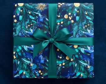 Teal Christmas Wrapping Paper: Botanical Gold Accent Gift Wrap, Dark Blue Holiday