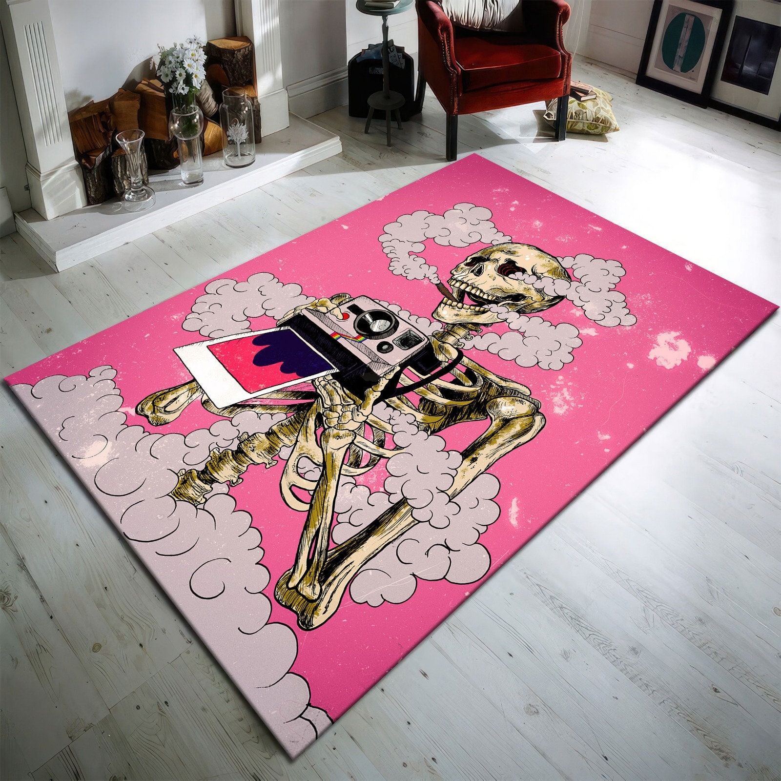 Discover Taking Photos Skeleton Soft Area Rug, Pink Girl Room Decor, Weed Smoking Skull Decor, Christmas Gift