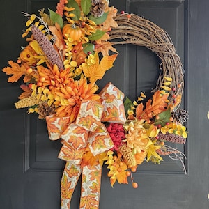 Handmade Fall Harvest Wreath: Autumn Leaves, Pumpkins & Berries
