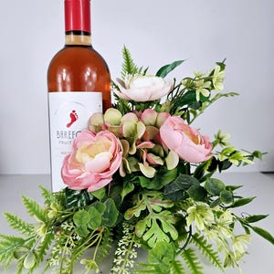 Wine Bottle Flower Bouquet, Faux Ranunculus Bottle Bouquet, Pink and White Floral Arrangement, Hostess Gift, Wine Floral Decor, Mother&#39;s Day