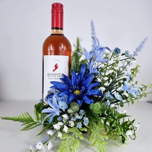 Wine Bottle Flower Bouquet, Faux Blue Bottle Bouquet, Blue Sunflower Arrangement, Hostess Gift, Blue Floral Decor, Mother&#39;s Day, Gift Ideas