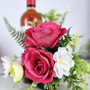 Wine Bottle Flower Bouquet, Faux Rose Bottle Bouquet, Pink and White Floral Arrangement, Hostess Gift, Wine Decor Centerpiece, Mother&#39;s Day