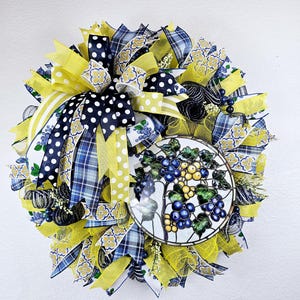 Blueberry Lemon Wreath, Summer Front Door Wreath, Yellow and Blue Ribbon Wreath, Fruit Kitchen Decor, Lemon Grapevine Wreath, Cottage Gift