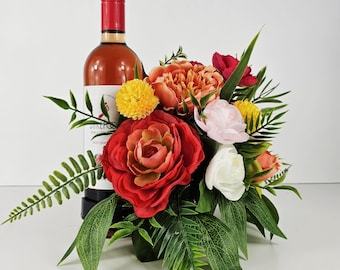 Faux Floral Bottle Bouquet: Wine Lover Gift, Party Centerpiece, floral candle holder