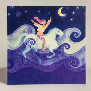 May include: A square print depicting a person riding a white horse through stylized waves under a night sky. The person has pink hair and is wearing a light-coloured top and patterned trousers. A yellow crescent moon and stars are in the sky.