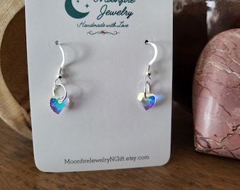 Sterling Silver Heart Dangle Earrings: Aurora Borealis Crystal