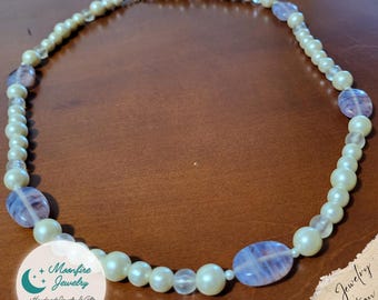 Vintage Beaded Necklace: White, Clear & Purple Beads, 24 inch