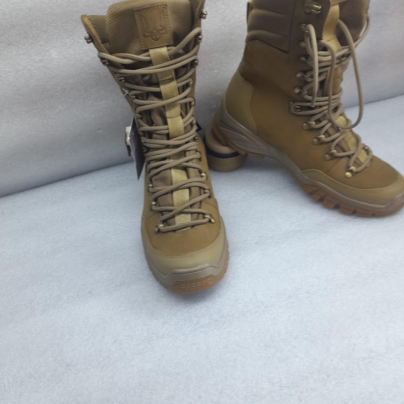 May include: A pair of brown leather hiking boots with a lace-up closure and a thick rubber sole. The boots have a high shaft and are made of a durable material.
