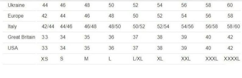 May include: Size conversion chart for clothing, showing sizes in Ukraine, Europe, Italy, Great Britain, and the USA. The chart also includes corresponding sizes in XS, S, M, L, XL, XXL, XXXL, and XXXXL.