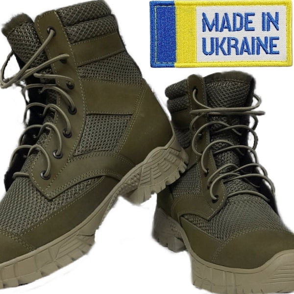 Ukrainian coat of arms. Military/Work Tactical Boots PTNPNX C5.  Olive camouflage army boots. Natural Leather Combat Boots.